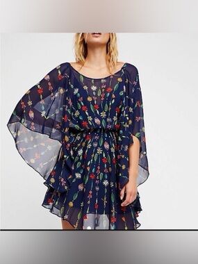 Free People Navy Floral Chiffon Mini Dress - Spring Flowy Cottagecore